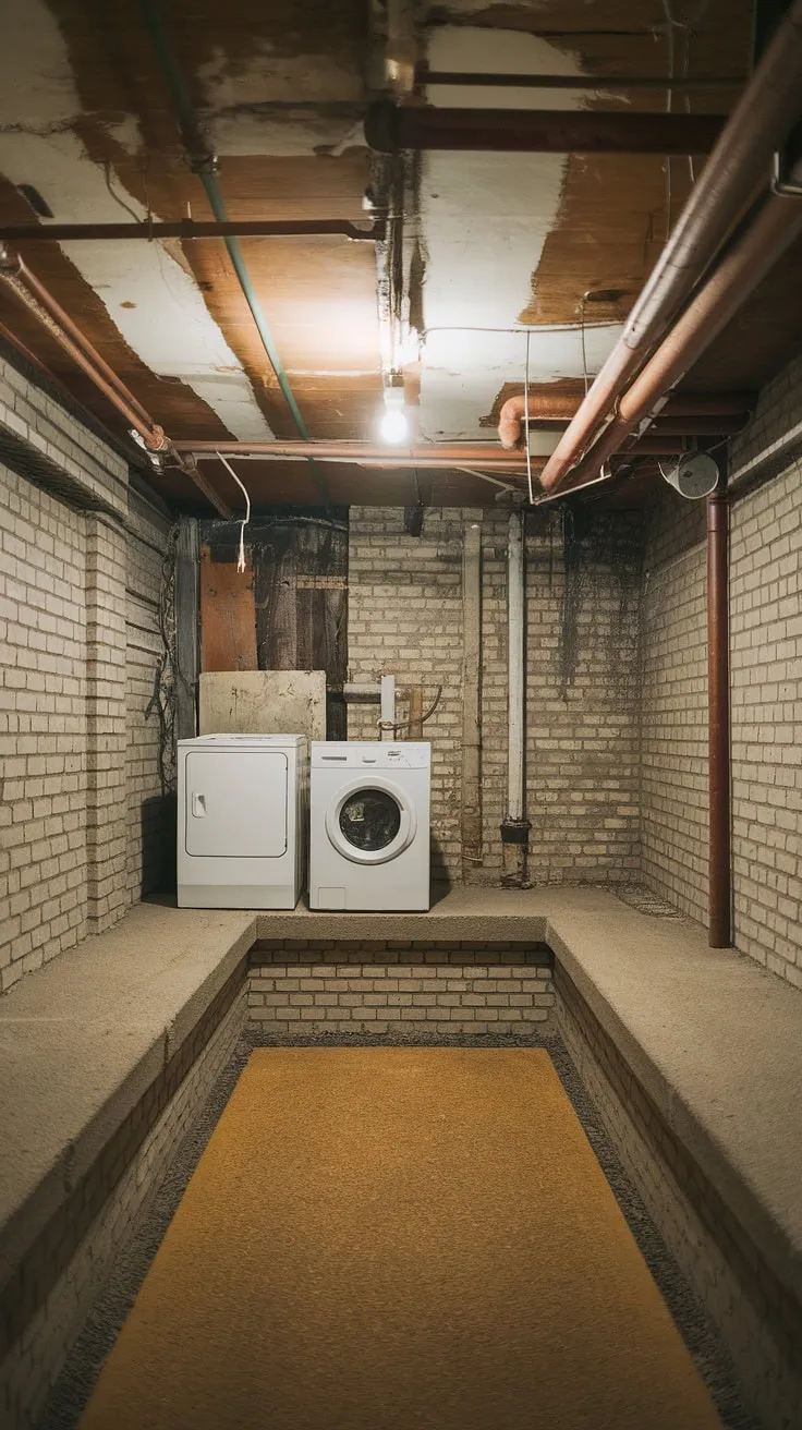 The unfinished basement laundry room, with its exposed brick walls, damp air, and a lone lightbulb illuminating the basement washer and dryer perched on a concrete basement ledge, is a clear call for a basement laundry renovation. This basement laundry remodel project presents a unique opportunity to transform this space, incorporating creative basement laundry ideas while addressing the musty smell and damaged brickwork. The gravel floor and visible pipes add to the challenge, but the potential for a functional and stylish basement laundry room is undeniable.