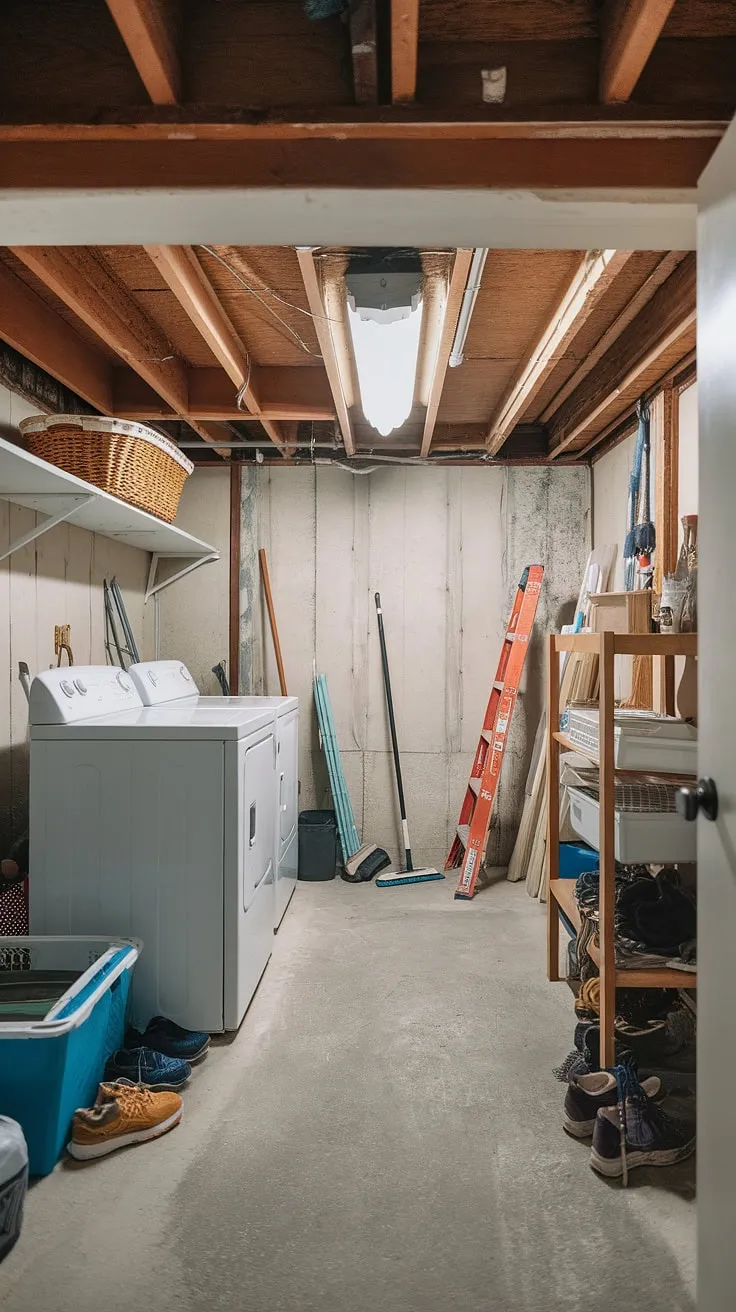 That basement ledge is surprisingly useful! This unfinished basement laundry room proves that even a basement laundry renovation can be stylish and functional. Plenty of basement laundry ideas come to mind looking at this space.