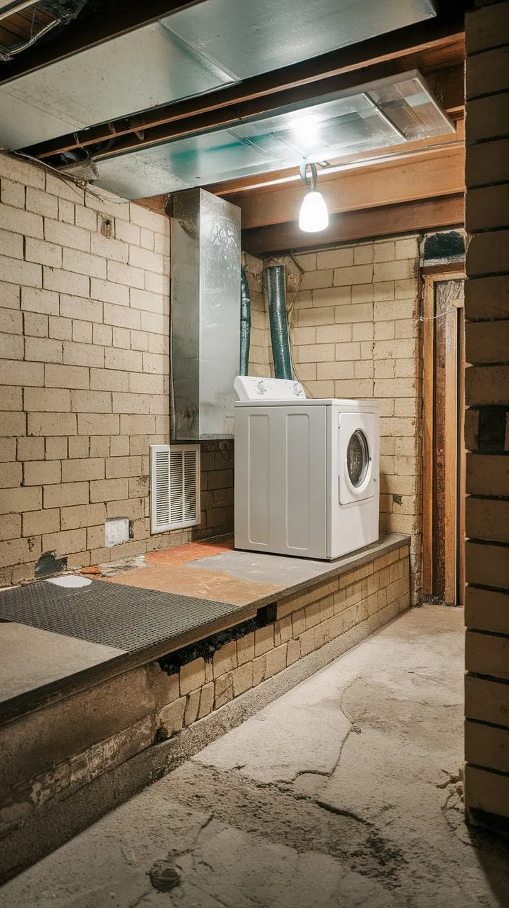 A glimpse into a basement laundry room before the renovation begins. The basement washer and dryer are currently perched on a concrete basement ledge, a temporary fix in this unfinished basement laundry setup. The damp brick walls and uneven floor underscore the need for a basement laundry remodel. This basement laundry renovation project offers exciting possibilities for improved functionality and aesthetics, providing inspiration for future basement laundry ideas.