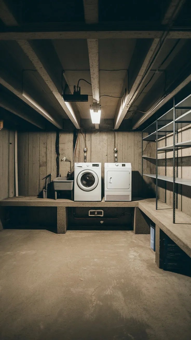 This basement laundry room, still in its unfinished state, features a basement ledge holding a washer and dryer, a testament to the practicality of even the rawest spaces. The concrete floors and walls, along with exposed beams and a hanging work light, create a unique atmosphere. This image provides inspiration for basement laundry ideas and a clear vision for a future basement laundry remodel, showcasing the potential of a basement washer and dryer setup within a basement laundry renovation project.