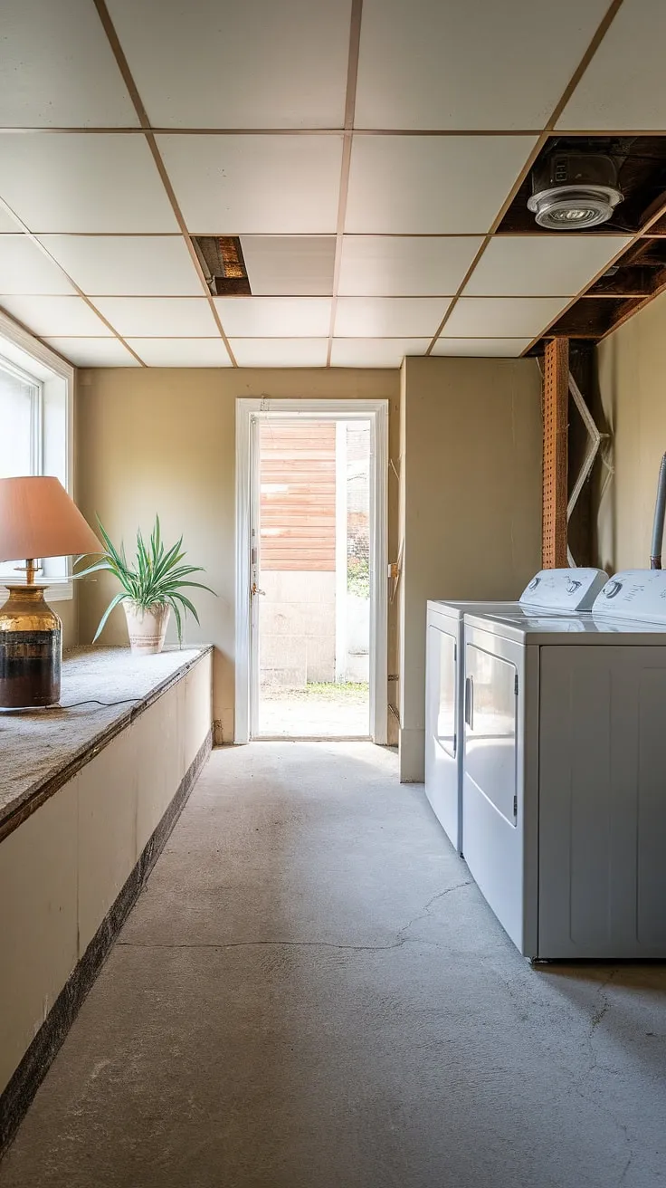 A functional yet unfinished basement laundry room featuring a basement washer and dryer. The beige walls and concrete floor are a starting point for a basement laundry renovation. The small basement ledge provides a spot for a lamp and plant, showcasing potential basement laundry ideas. This space presents a great opportunity for a basement laundry remodel, maximizing the utility of this often-overlooked area.