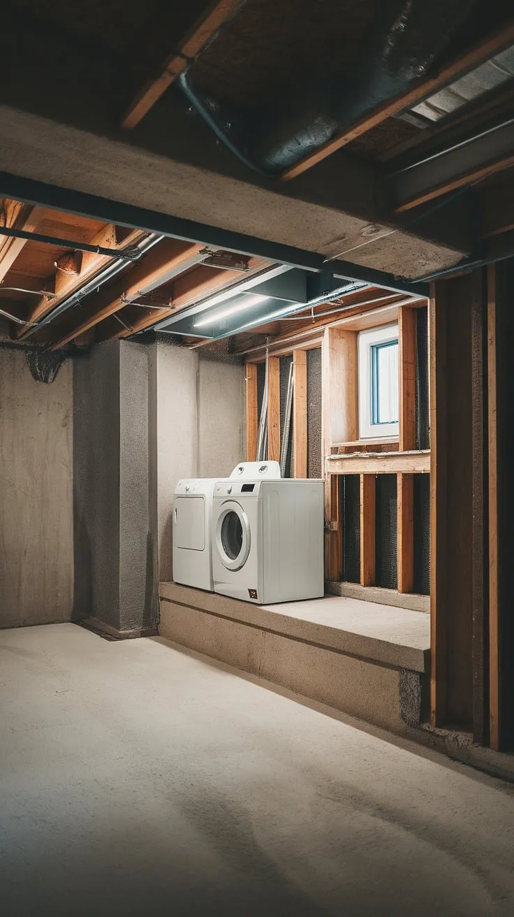 Raw, rustic charm. This basement ledge perfectly positions the washer and dryer in this unfinished basement laundry room, inspiring ideas for a future basement laundry renovation.