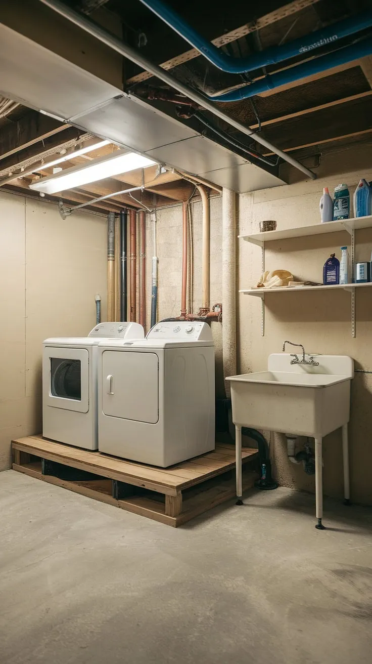 A peek at the current state of our basement laundry room renovation. The basement washer and dryer sit proudly on a basement ledge, a clever solution for this unfinished basement laundry. The concrete floor and exposed pipes are reminders of the project's ongoing nature, but the utility sink and organized cleaning supplies hint at the functional and stylish space to come. This basement laundry remodel is all about maximizing space and incorporating smart basement laundry ideas.
