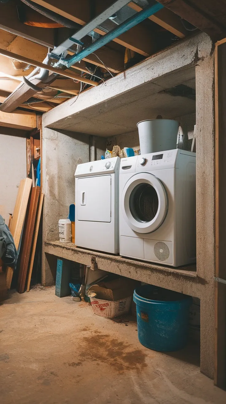 The current state of this basement laundry room is less than ideal. The basement washer and dryer are perched on a makeshift basement ledge in this unfinished basement laundry setup. This basement laundry renovation will address the clutter and create a more efficient space. We're excited to share our basement laundry ideas and the final result of this basement laundry remodel, transforming this area from a chaotic mess to a functional and stylish laundry room.