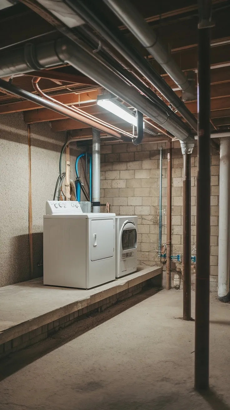 This basement laundry room, currently featuring a makeshift basement ledge for the washer and dryer, is ripe for a transformation. The unfinished basement laundry space, with its concrete floor and exposed pipes, presents a challenge and an opportunity. Consider this image inspiration for your own basement laundry renovation; explore basement laundry ideas to maximize this space and create a functional and stylish basement washer and dryer area. This is a prime example of a project perfect for a basement laundry remodel.