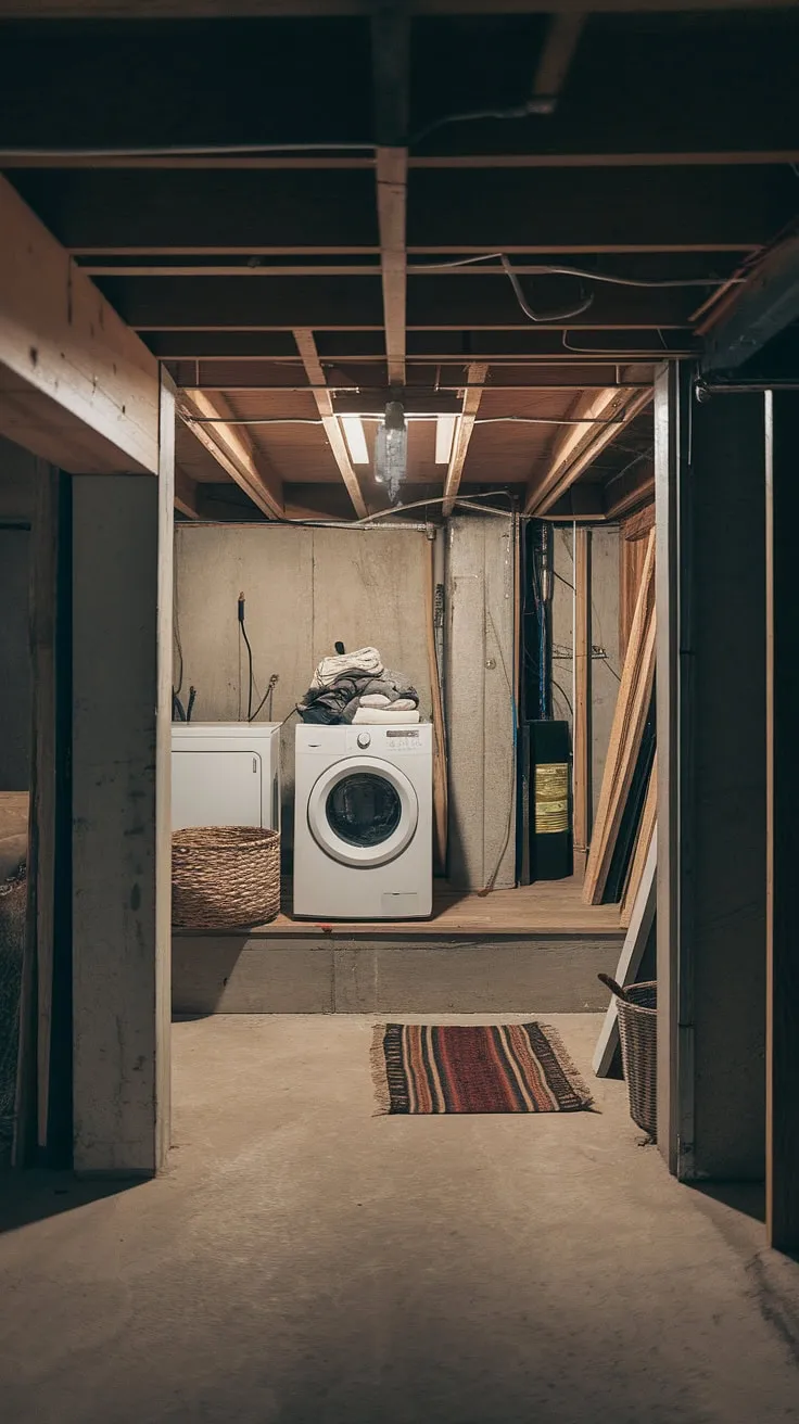 Basement laundry room goals? This basement ledge setup proves that even an unfinished basement can boast a stylish and functional basement washer and dryer area. Plenty of basement laundry ideas to explore for this basement laundry remodel.