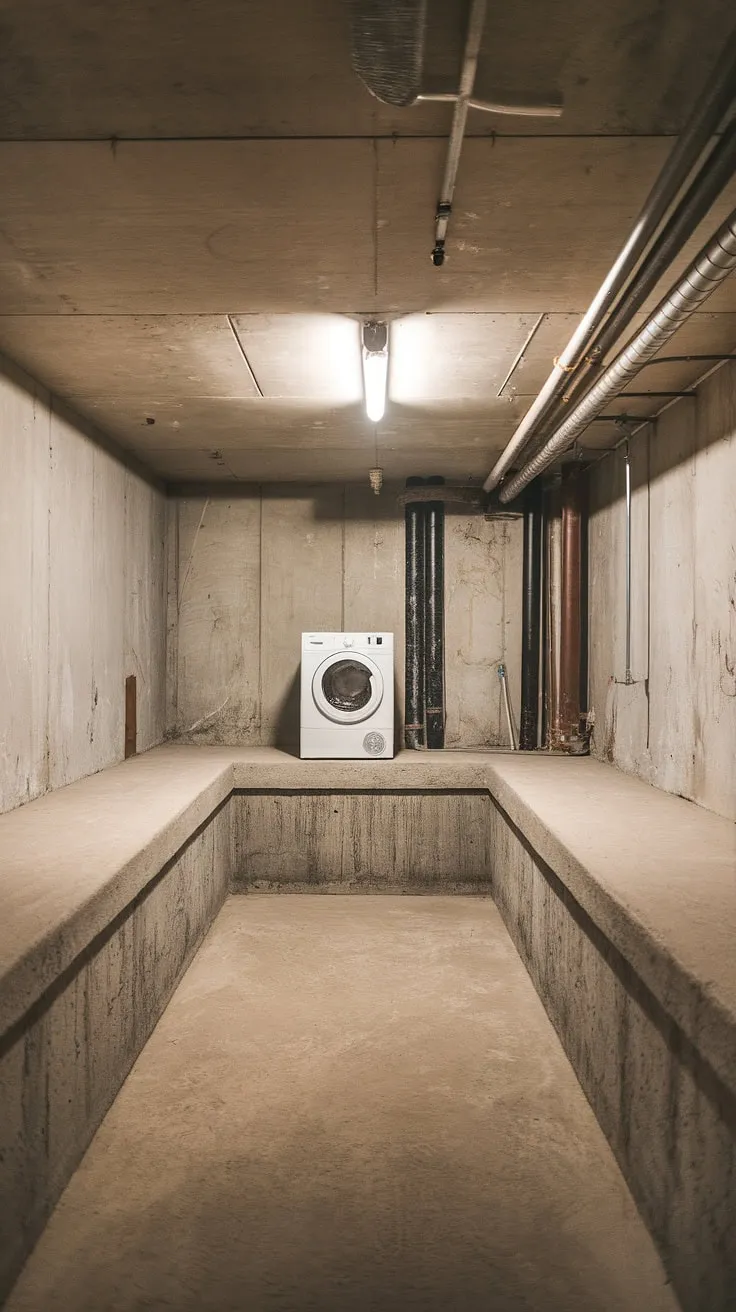 Basement washer and dryer perched perfectly on this sturdy basement ledge. This unfinished basement laundry is getting a much-needed makeover – basement laundry remodel in progress! Stay tuned for more basement laundry room updates.