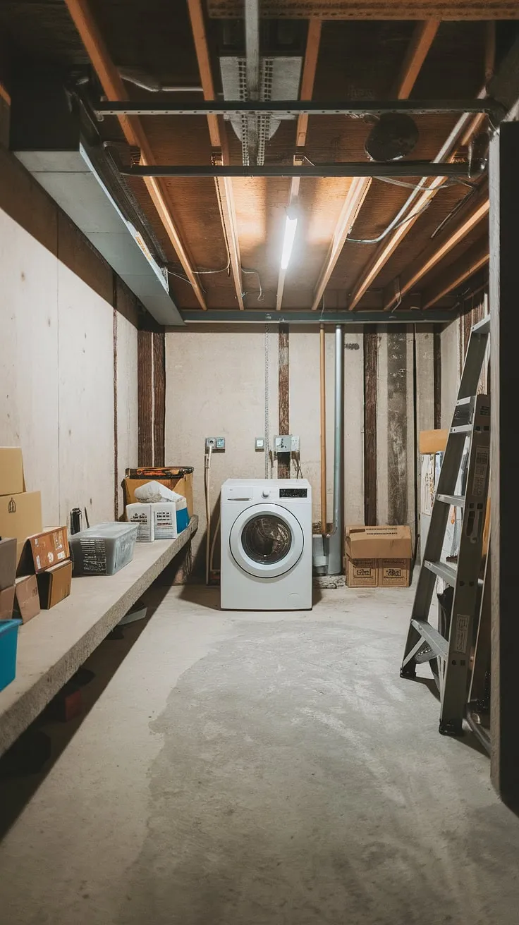 This basement ledge is the unexpected star of this unfinished basement laundry room. Basement laundry renovation ideas are brewing!