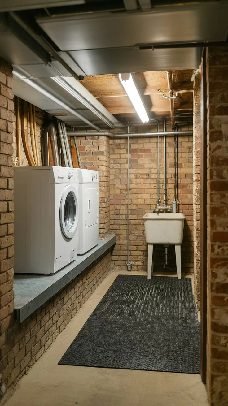 This unfinished basement laundry boasts a rustic-industrial charm. The washer and dryer sit neatly on a basement ledge, above a heavy-duty rubber mat, adding practicality to the exposed brick walls. A utility sink completes the space, offering a functional and stylish basement laundry room solution. This successful basement laundry renovation showcases clever basement laundry ideas for maximizing space and embracing the existing architecture.