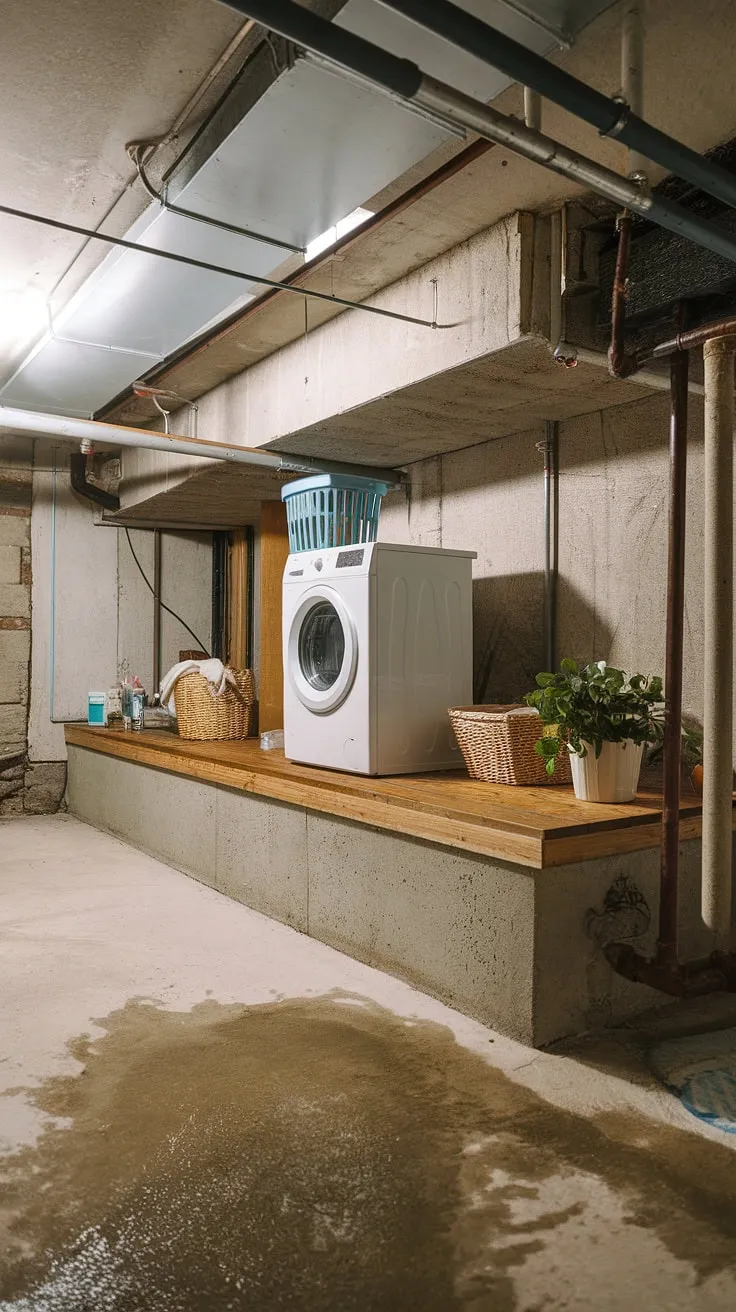 This basement ledge cleverly elevates our unfinished basement laundry room, creating a surprisingly functional space. Basement laundry renovation ideas are flowing!
