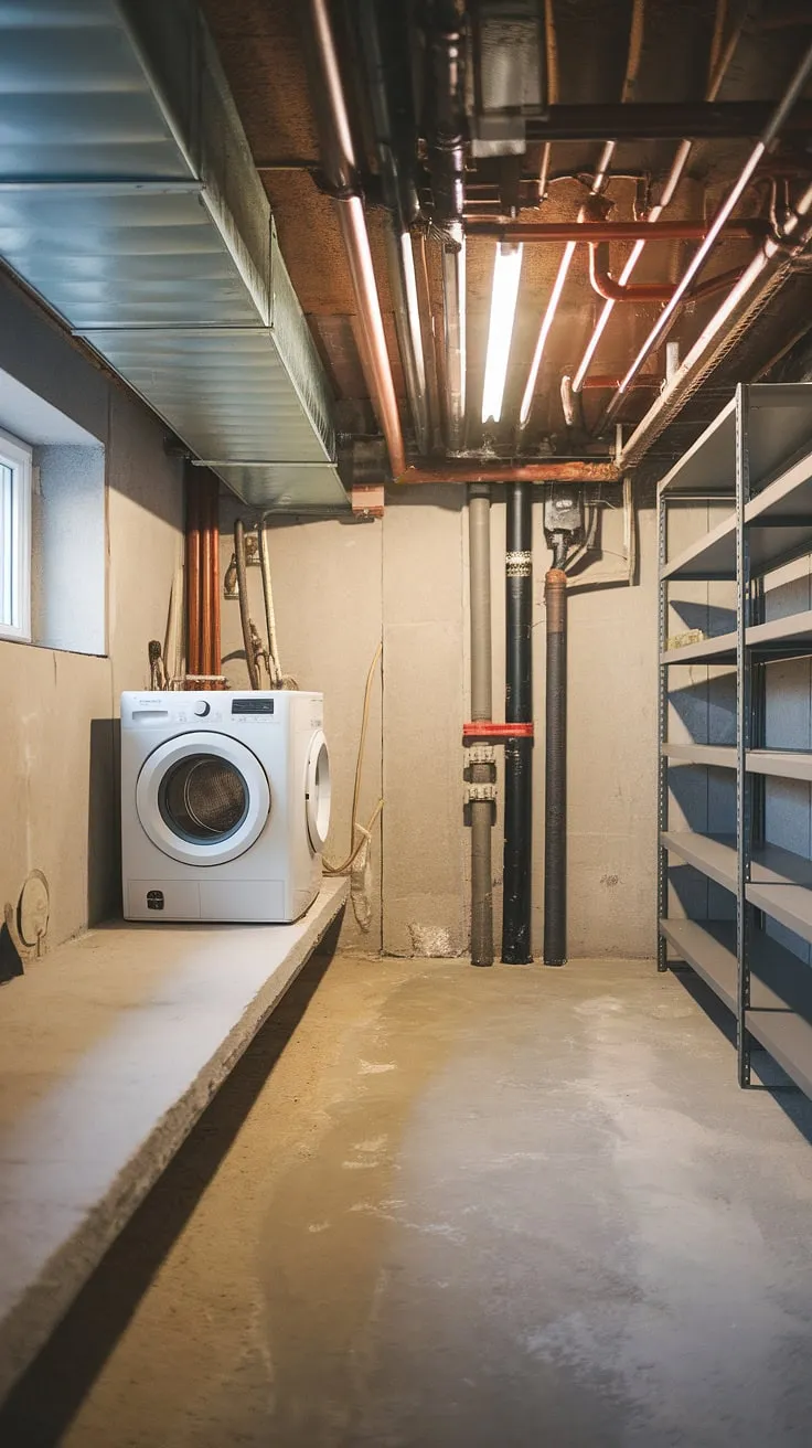 A peek at our current basement laundry room situation: basement washer and dryer on a basement ledge, unfinished basement laundry in all its glory! The concrete floor, exposed pipes, and basic shelving highlight the need for a basement laundry renovation. We're brainstorming basement laundry ideas for a complete remodel—any suggestions are welcome!