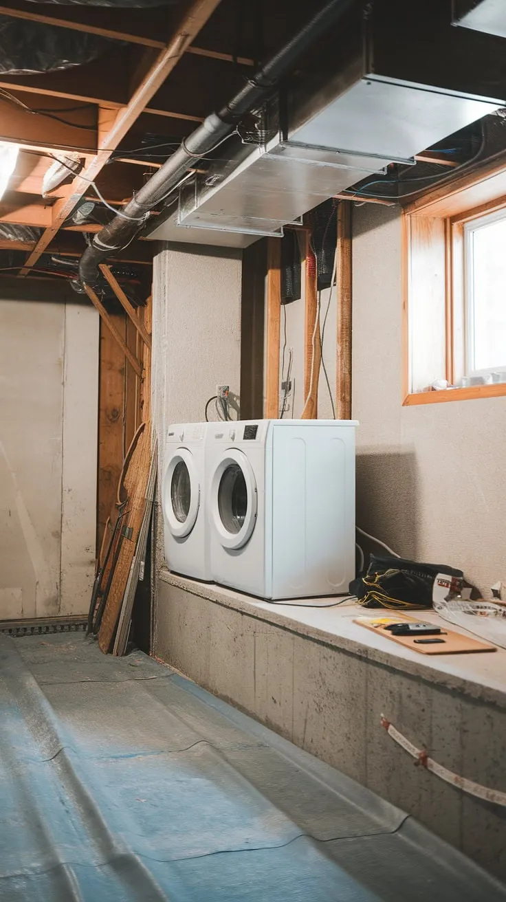 This basement laundry room is undergoing a transformation! Currently, the basement washer and dryer sit on a concrete basement ledge amidst the chaos of an unfinished basement laundry. Exposed pipes and wires are visible, but the basement laundry ideas are already taking shape. This basement laundry renovation project promises a functional and updated space, showcasing clever solutions for a basement laundry remodel. The tarp and scattered tools hint at the ongoing work.