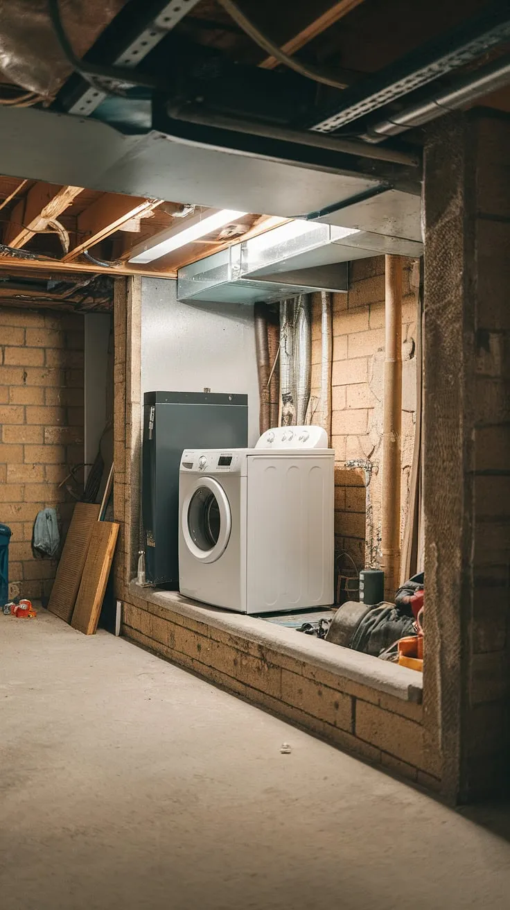 From basement ledge to laundry haven: This unfinished basement laundry is a work in progress, but the basement washer and dryer are already in action. Basement laundry remodel inspiration needed!