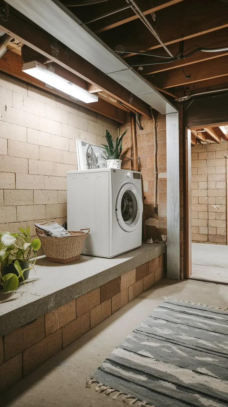 This basement ledge is the unexpected heart of our unfinished basement laundry room. Basement laundry renovation ideas are brewing!
