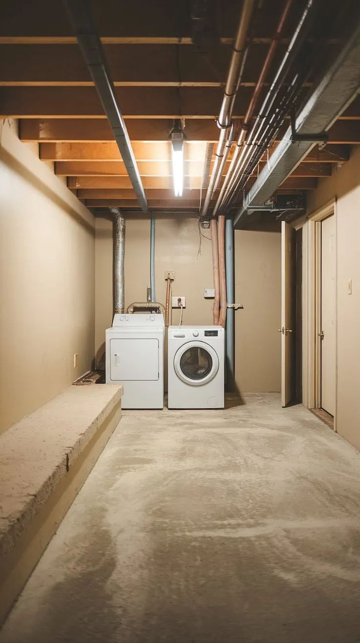 A simple yet functional basement laundry room setup. The basement ledge provides a practical solution for installing the washer and dryer in this unfinished basement laundry area. This is a great example of how to maximize space in a basement laundry room, and provides a solid foundation for future basement laundry renovation projects. Consider this image as you brainstorm basement laundry ideas for your own basement washer and dryer installation.