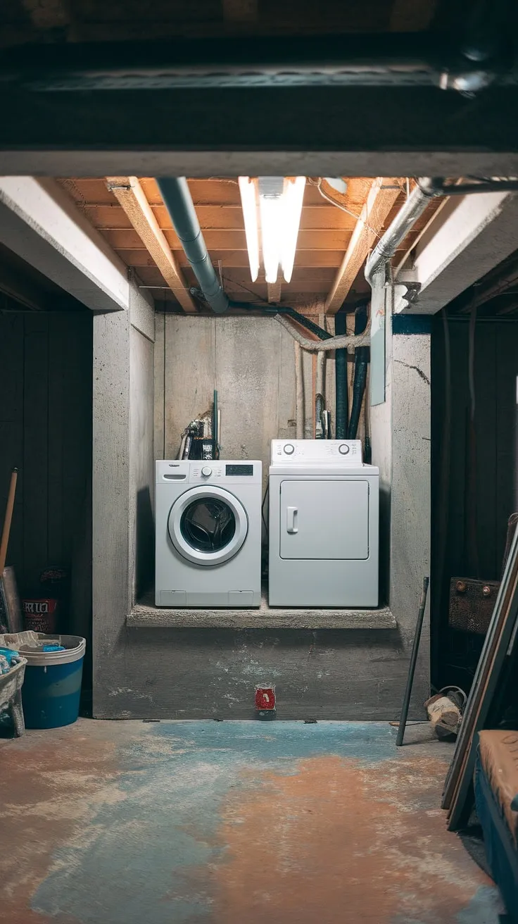 Basement laundry ideas don't get more rustic-chic than this. Our basement washer and dryer found their perfect home on this basement ledge, a key element in our basement laundry remodel.