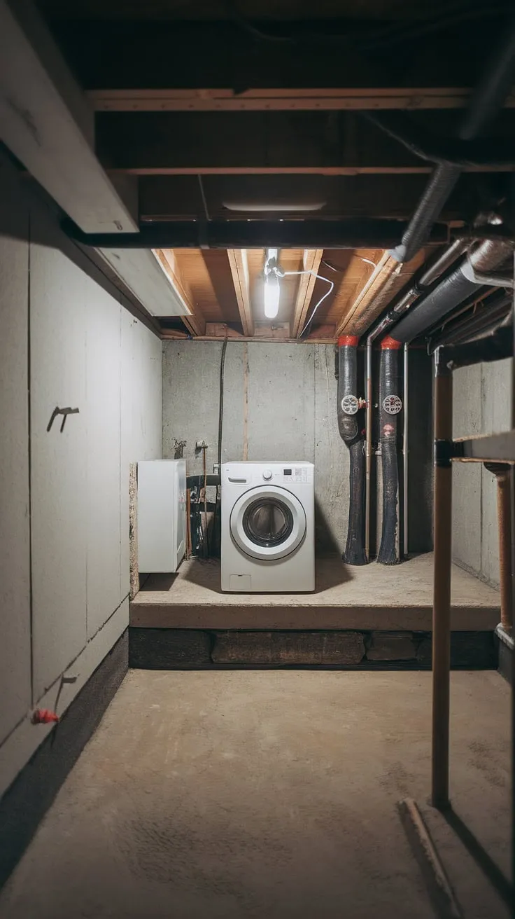 From unfinished basement laundry to dream space? This basement ledge is the perfect starting point for a basement laundry renovation. Plenty of basement laundry ideas can transform this basement washer and dryer setup.
