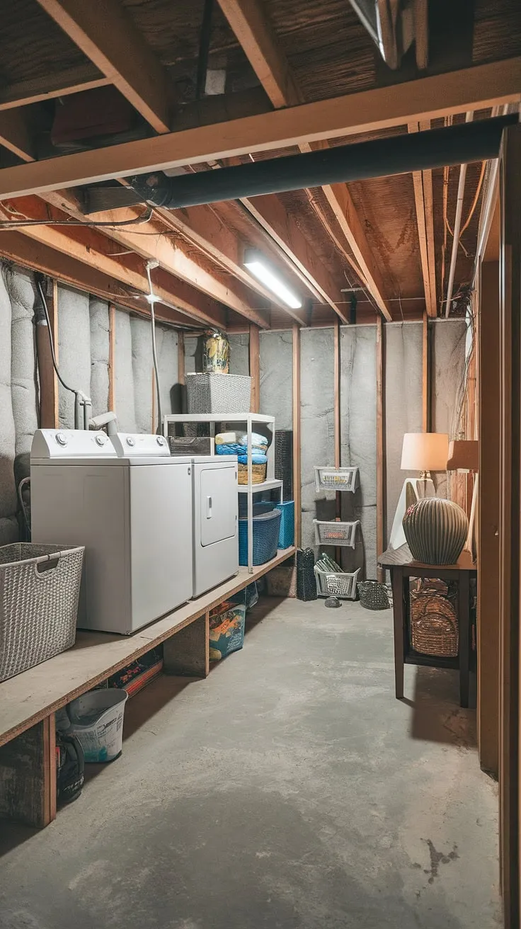 Basement laundry room goals! This basement ledge setup is a great starting point for a basement laundry remodel, showcasing clever basement washer and dryer placement in an unfinished basement laundry.