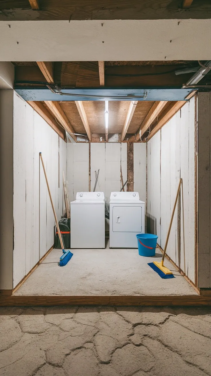 Basement laundry remodel in progress! This unfinished basement laundry is getting a makeover, starting with maximizing this handy basement ledge. Lots of basement laundry ideas brewing for this space, including smart storage solutions for our basement washer and dryer.