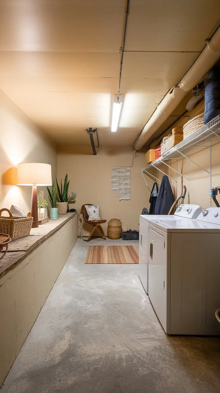 This basement laundry room, still in progress, features a basement washer and dryer positioned near a practical basement ledge. The unfinished basement laundry space boasts a simple aesthetic with beige walls and a cement floor. A chair, shelf, and rug add personality, while the ledge offers a glimpse into potential basement laundry ideas for this ongoing basement laundry remodel.