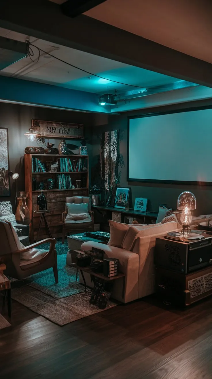 This basement living room transforms a forgotten space into a masculine bonus room, perfect for movie nights. The family room projector, cozy seating, and fun basement decor create a dark and moody basement aesthetic that's both inviting and sophisticated.  This basement suite layout showcases clever basement remodel ideas, proving that a moody dark basement can be the heart of the home.