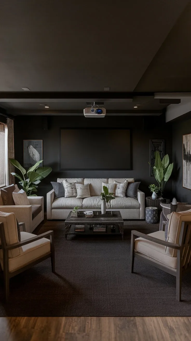 This moody dark basement, transformed into a masculine bonus room, offers the perfect blend of cozy comfort and sophisticated style.  The basement living room's dark aesthetic, complete with a family room projector and fun basement decor, creates an inviting space for movie nights and family gatherings.  This basement cozy family room showcases clever basement remodel ideas and a thoughtful basement suite layout.