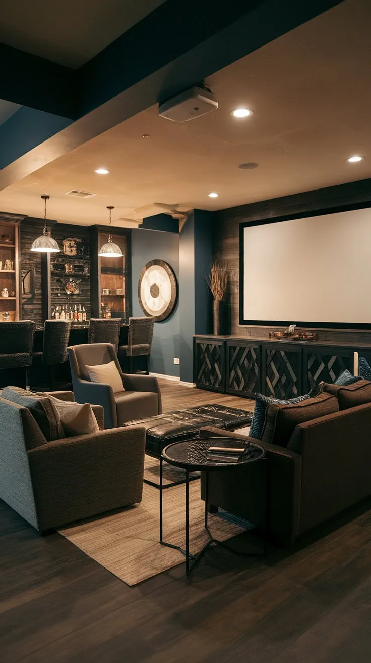 This moody dark basement, transformed into a masculine bonus room, boasts the ultimate basement cozy family room.  The fun basement decor, complete with a family room projector and bar area, makes this basement living room perfect for movie nights and gatherings.  This basement suite layout is a masterclass in dark and moody basement ideas and basement remodel ideas.