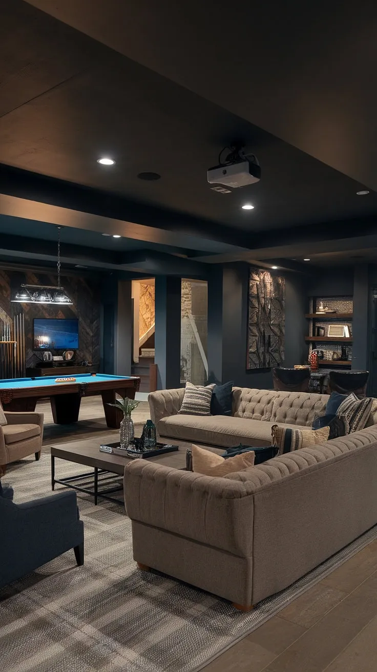 This basement suite layout seamlessly blends a moody dark basement aesthetic with cozy family room vibes.  The masculine bonus room, complete with a pool table, adds a touch of fun basement decor, while the basement living room and family room with projector offer versatile spaces for relaxation and entertainment.  Dark and moody basement ideas meet comfortable family living in this stunning basement remodel.