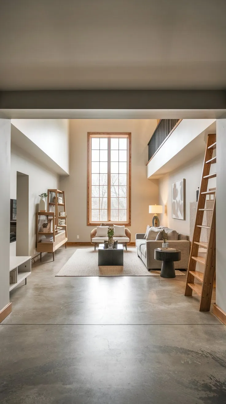 Spacious Modern Basement Living Room with Loft Charm