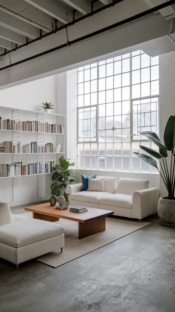 Bright Modern Basement Living Room with High Ceilings