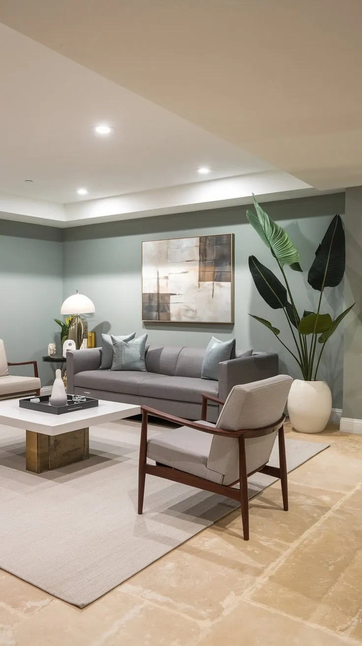 Stylish Modern Basement Living Room with Cozy Accents