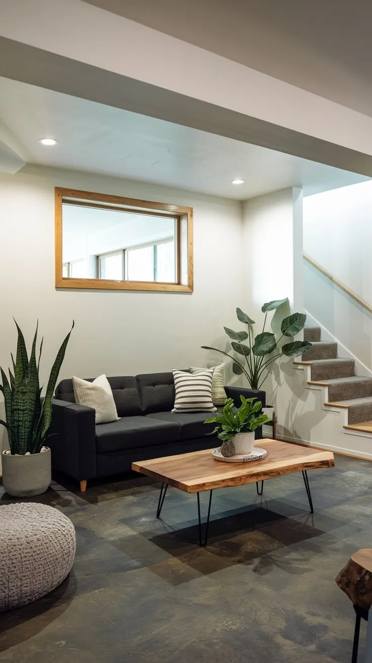 Stylish Modern Basement Living Room with Natural Light