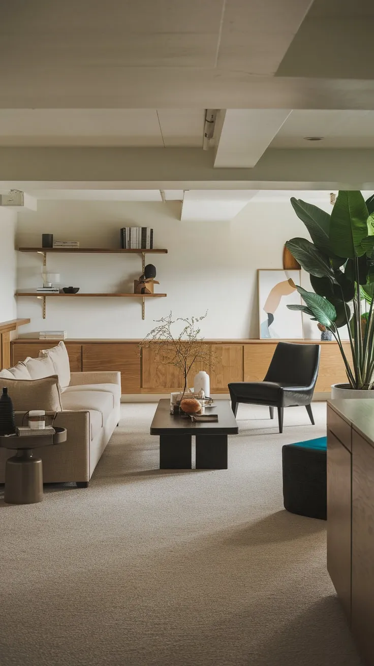 Stylish Modern Basement Living Room with Cozy Accents