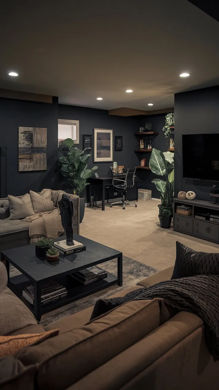 This basement suite layout seamlessly blends a masculine bonus room, perfect for focused work, with a cozy family room featuring a projector for movie nights. The dark and moody basement aesthetic, achieved with dark gray walls and moody lighting, creates a sophisticated atmosphere. Fun basement decor, including potted plants and carefully chosen accents, adds warmth to the space. The basement living room, anchored by a comfortable sectional sofa and coffee table, flows effortlessly into the entertainment area. This basement remodel showcases how to create a versatile and stylish space, offering both privacy and shared family time.