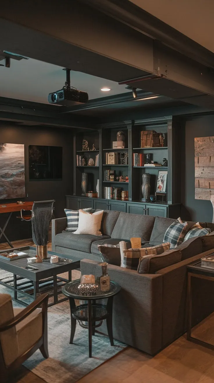 Dark and moody basement ideas meet cozy comfort in this basement living room remodel. A masculine bonus room with a projector, sectional sofa, and thoughtful basement suite layout creates the ultimate entertainment space. Perfect example of basement cozy family room design.