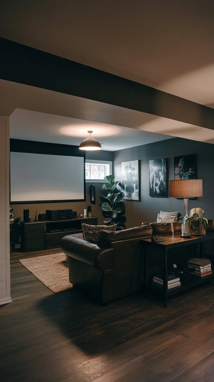 Escape the ordinary in this moody dark basement, transformed into a masculine bonus room and cozy family room. The basement living room's dark aesthetic, complete with family room projector and gaming setup, offers the perfect blend of fun basement decor and sophisticated basement remodel ideas.