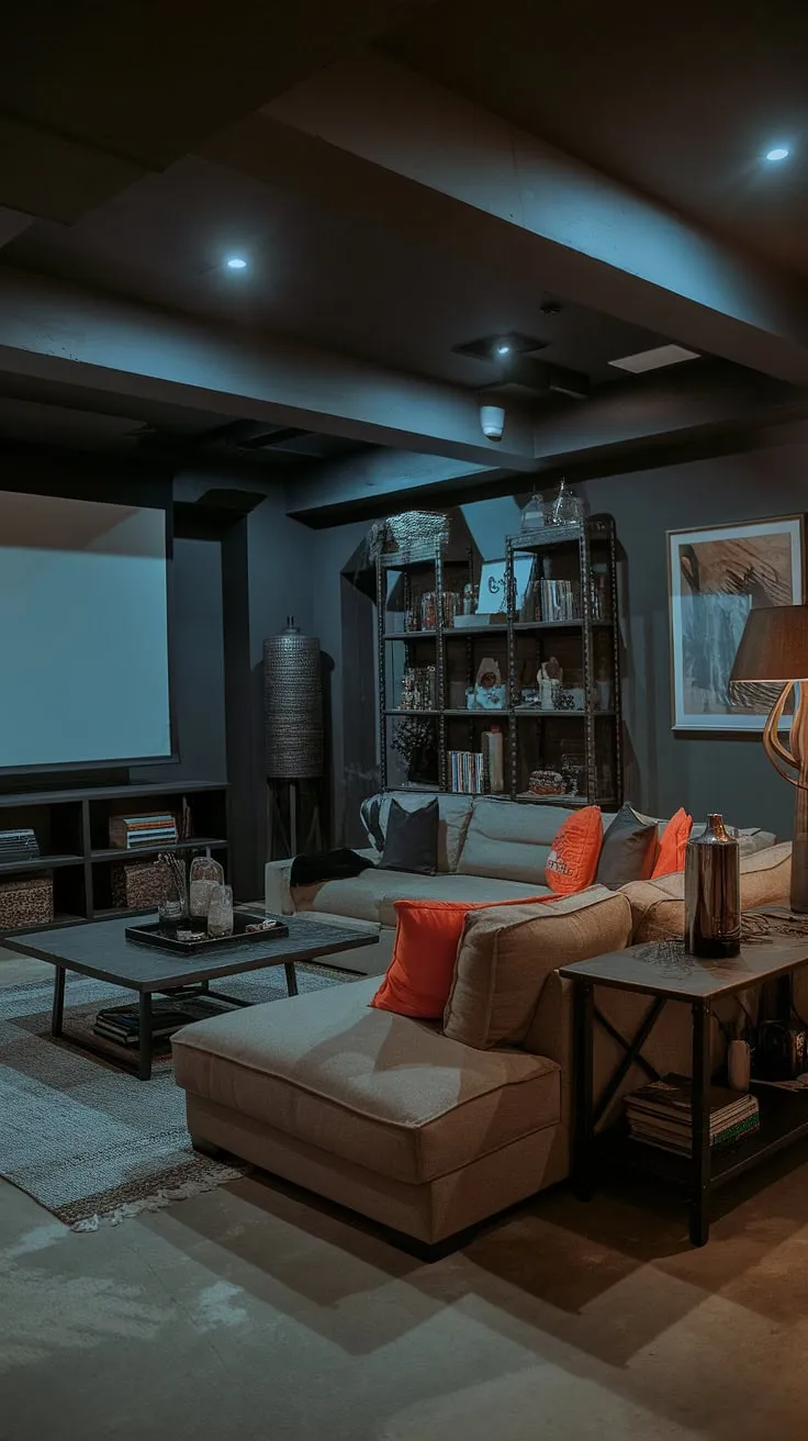 Moody dark basement vibes meet cozy comfort in this basement cozy family room. This basement dark aesthetic is elevated by thoughtful design, creating a masculine bonus room with a projector screen for movie nights. The basement suite layout incorporates a sectional sofa, coffee table, and bookshelf, while pops of orange add a touch of warmth against the dark grey walls and concrete floor. Explore these dark and moody basement ideas for your own basement remodel ideas.