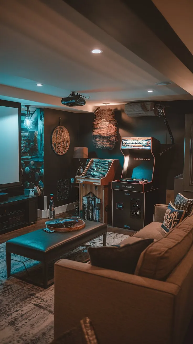 Escape to this moody dark basement—a basement living room reimagined. Fun basement decor, including a record player and arcade machine, complements the dark aesthetic and family room projector, creating the ultimate basement cozy family room and masculine bonus room. Basement remodel ideas at their finest.