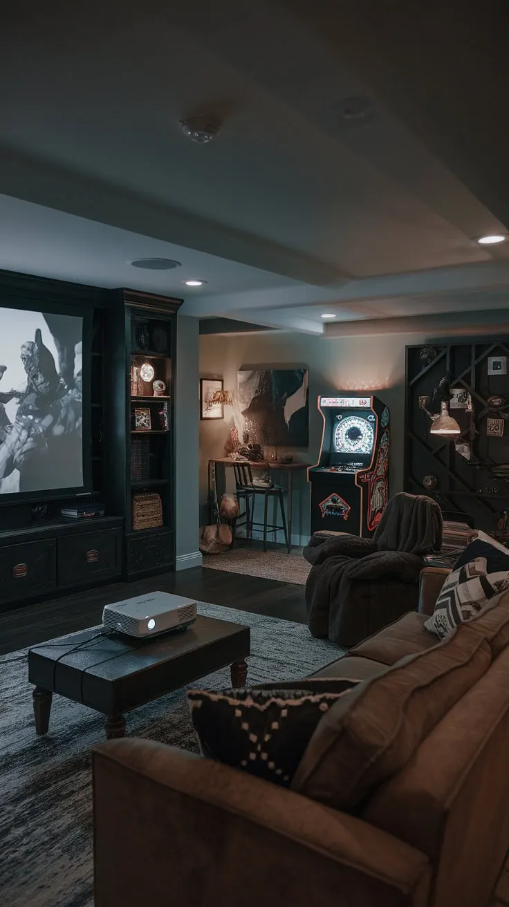 Escape to this moody dark basement, a stunning example of basement remodel ideas. The basement dark aesthetic is perfectly complemented by the masculine bonus room features, creating a sophisticated yet playful space. This basement living room boasts a family room projector, perfect for movie nights, and fun basement decor like a classic arcade game. The basement suite layout is designed for family comfort, making it a truly cozy family room and a testament to dark and moody basement ideas.