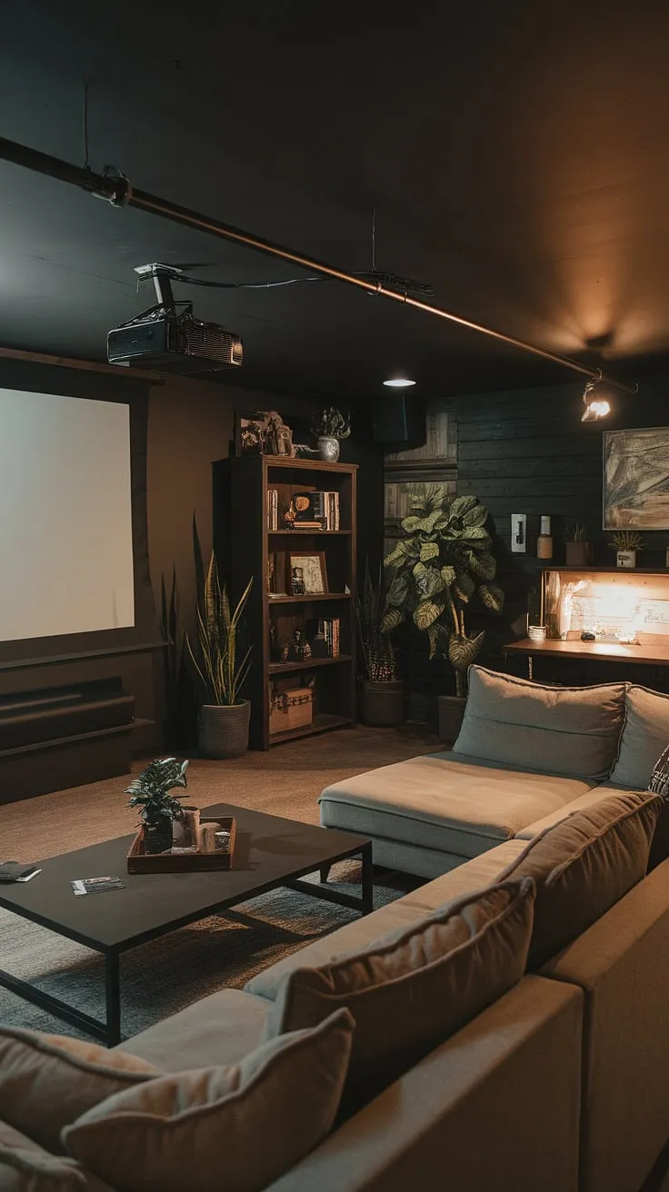 Escape to this moody dark basement, a stunning example of basement remodel ideas. The basement dark aesthetic and masculine bonus room design create a sophisticated yet cozy family room projector setup. The basement suite layout incorporates a sectional sofa, coffee table, and bookshelf, accented by potted plants for a touch of life. This fun basement decor perfectly embodies dark and moody basement ideas, resulting in a truly inviting basement cozy family room.