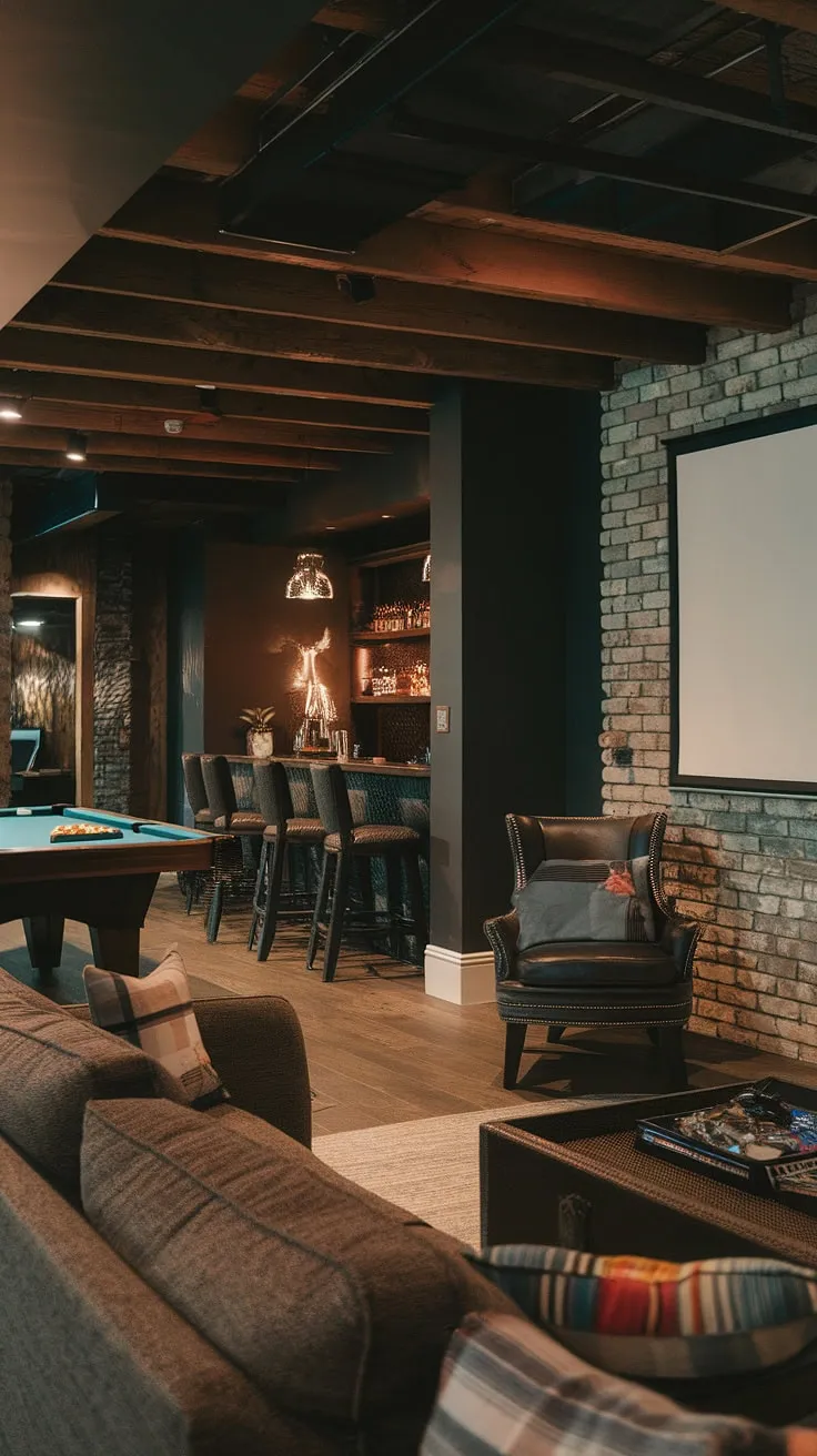 A dark and moody basement aesthetic defines this impressive basement living room. The basement remodel ideas cleverly incorporated a family room projector, creating the perfect atmosphere for relaxation. This masculine bonus room boasts fun basement decor, including a pool table and bar, while the basement suite layout ensures comfort and functionality. Dark and moody basement ideas, such as exposed brick and a wooden beam ceiling, combine with the cozy family room to create a truly exceptional space.