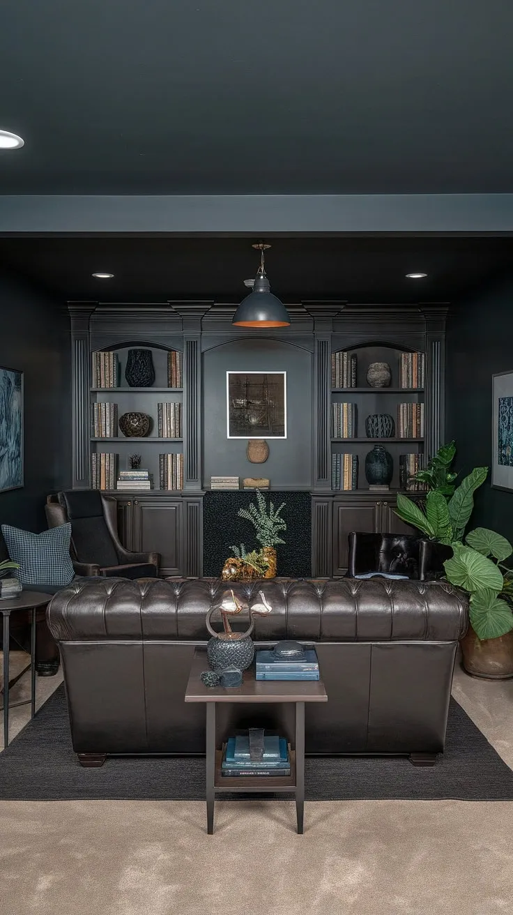 This moody dark basement, transformed into a cozy family room, showcases the perfect blend of masculine bonus room and basement living room design. The dark gray walls and dark wooden bookshelf, filled with books and decorative items, create a sophisticated basement dark aesthetic. A dark leather sofa and comfortable chairs invite relaxation, while the family room projector promises movie nights. Potted plants add a touch of life to this fun basement decor, making it a truly unique basement suite layout. This basement remodel ideas project is a testament to achieving a dark and moody basement atmosphere without sacrificing comfort and style.