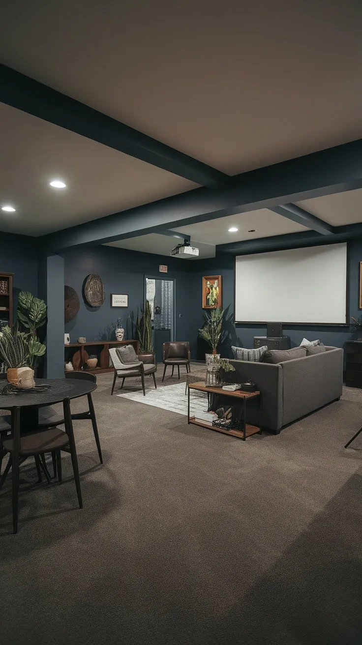 Transforming this basement into a masculine bonus room was a triumph! The dark and moody basement design, complete with a family room projector and comfortable seating, creates a sophisticated yet cozy basement living room. The open basement suite layout allows for ample space, while the fun basement decor adds personality. This basement remodel is a testament to the potential of dark and moody basement ideas, showcasing a perfect blend of style and comfort in a basement cozy family room.