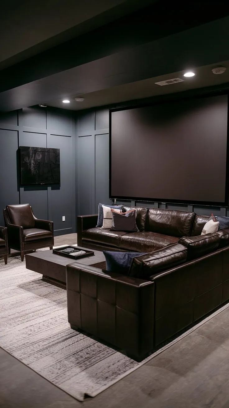 This basement living room boasts a masculine bonus room vibe, perfectly embodying a dark aesthetic. The dark brown sectional sofa and leather chairs, anchored by a large white rug, create a cozy and inviting space. A family room projector screen dominates one wall, adding a touch of fun basement decor. This basement suite layout is a masterclass in dark and moody basement ideas, showcasing clever basement remodel ideas for a moody dark basement that's perfect for movie nights and family gatherings. The dim lighting enhances the cozy family room atmosphere.