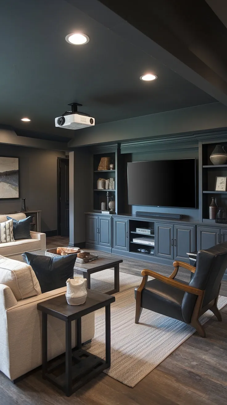 Transforming a basement into a cozy family room doesn't have to be boring! This basement dark aesthetic features a masculine bonus room design with a family room projector, perfect for movie nights. The dark gray walls and wooden floors create a moody dark basement, while the comfortable seating and entertainment center add a touch of warmth. This basement suite layout is a great example of fun basement decor and inspiring basement remodel ideas.