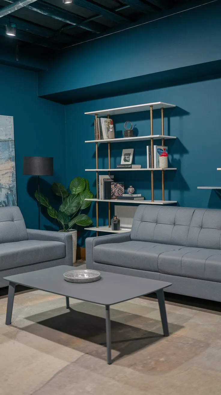 Stylish Modern Basement Living Room in Deep Blue