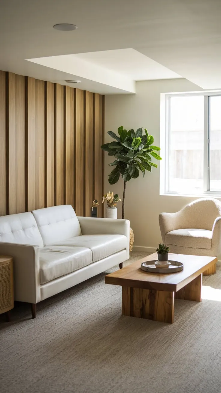 Stylish Modern Basement Living Room with Cozy Accents