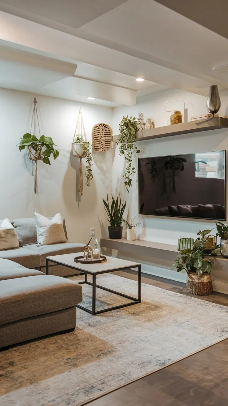 Stylish Modern Basement Living Room with Cozy Ambiance