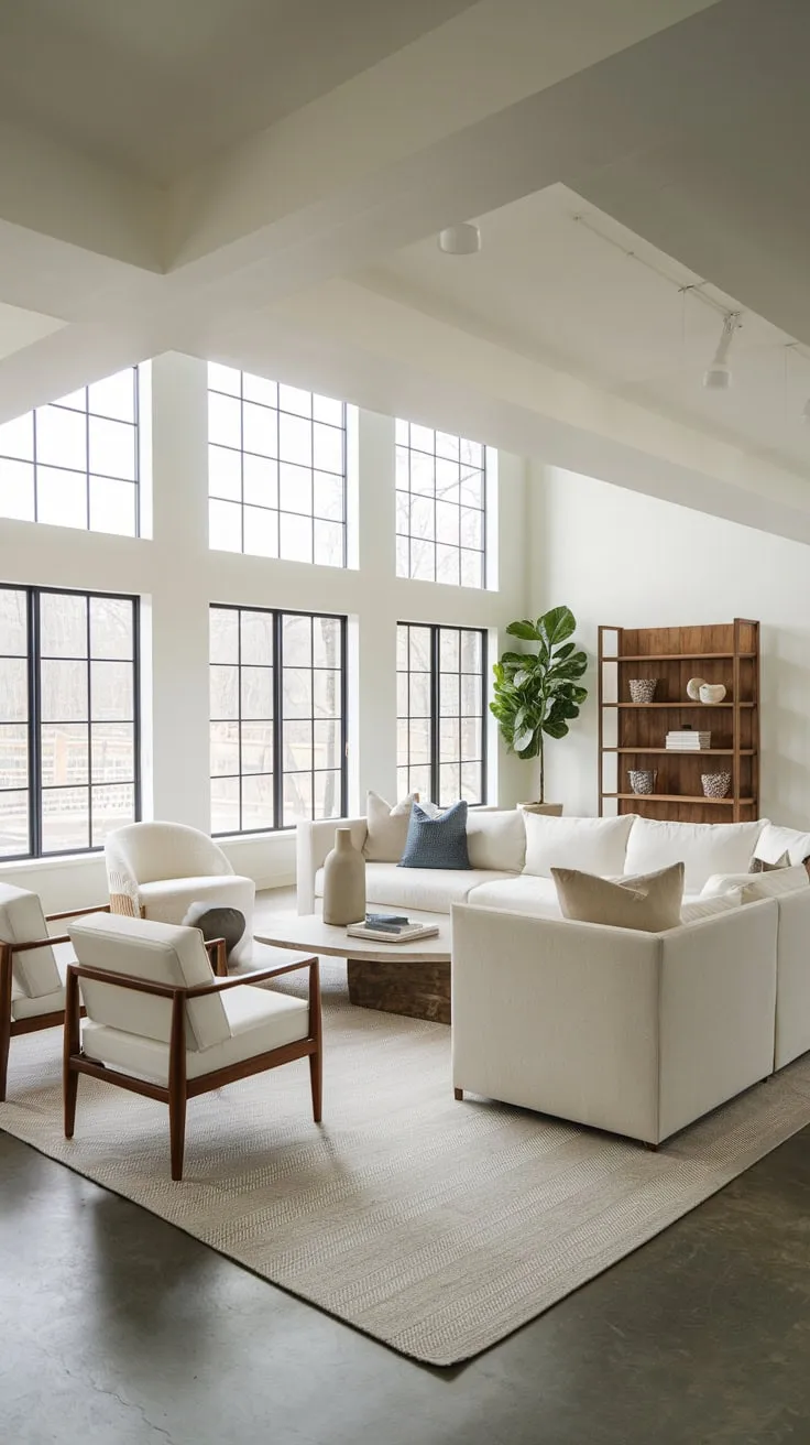 Bright Modern Basement Living Room with High Ceilings