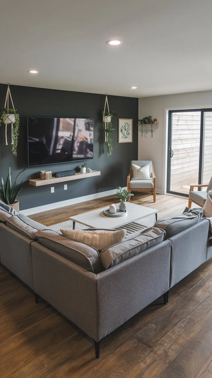 Stylish Modern Basement Living Room with Gray Accents